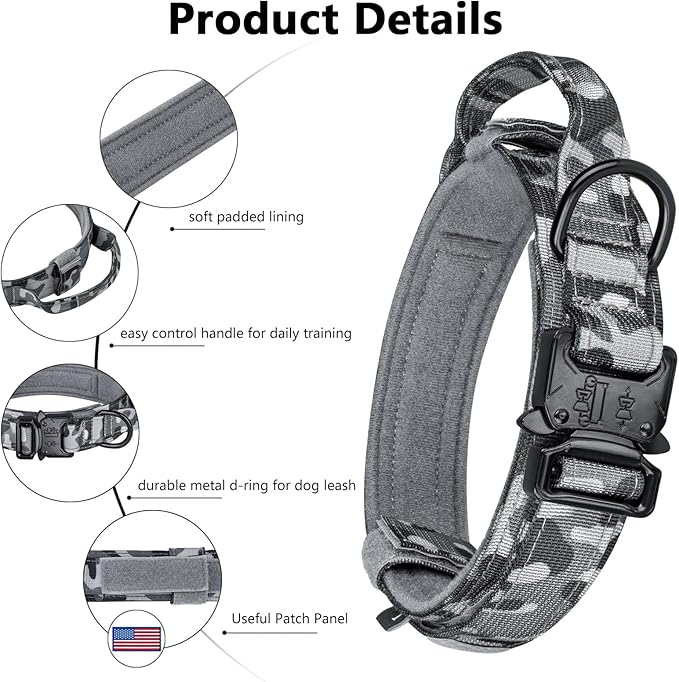 DAGANXI Tactical Dog Collar, Adjustable Military Training Nylon Dog Collar with Control Handle and Heavy Metal Buckle for Medium and Large Dogs, with Patches and Airtags Case (XL, Camo-Set)