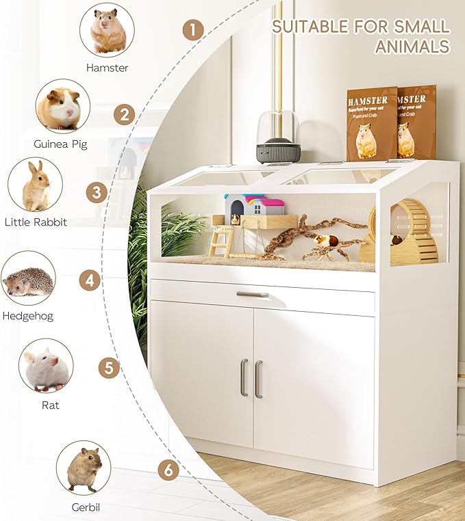 Betterhood Hamster Cage with Storage Cabinet, Guinea Pig Cage for Small Animals, Large Hamster Cage and Habitat with Easy View Acrylic Panels for Hamster, Rabbit, Guinea Pig, Hedgehog (39"x19"x40")