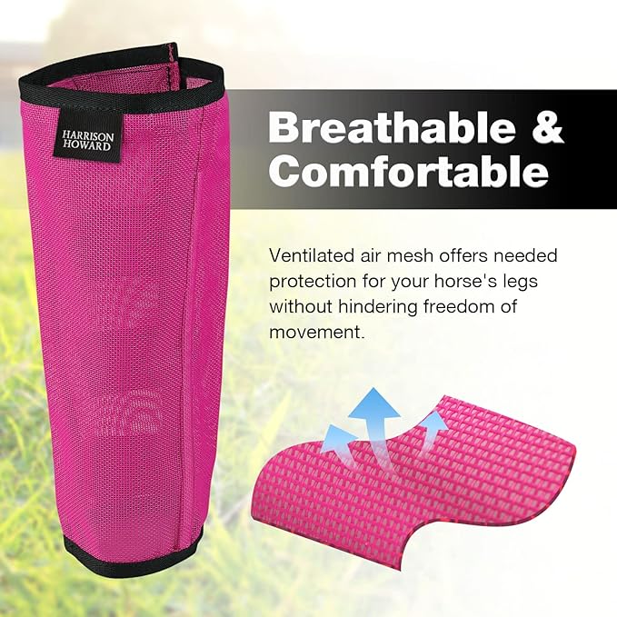 Harrison Howard Loose Fitting Fly Boots UV-Protective Extra Tough Mesh Ventilated Four Fasteners Stay-on Design Protect Horse Legs & Stomp-Reducing Set of 4 Magenta Pony