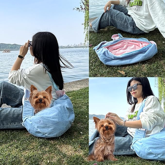 Ferret Sling Carrier, Small Pet Bag with Adjustable Strap, Cozy Bunny Carrying Travel Cuddler, Hands-Free Bonding Pouch Front for Guinea Pig Puppy Kitten, Small Animal Accessories for Outside-Blue