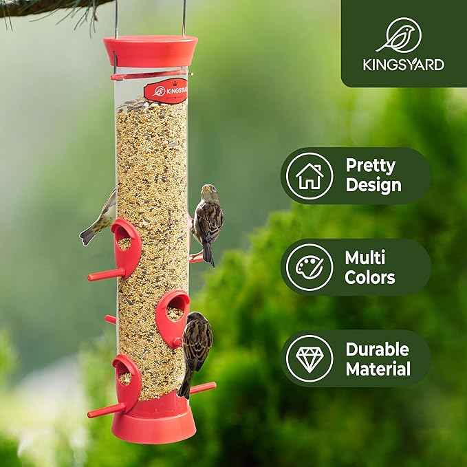 Kingsyard 6 Ports Tube Bird Feeder for Outdoors Hanging, Removable Base and Perch, Easy to Clean & Refill, Premium Hard Plastic, Attracting for Finches Cardinals Bluebirds (Red)