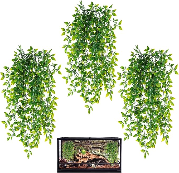 HERCOCCI Reptile Plants, 3 Pack Terrarium Hanging Plants Vines Artificial Leaves Habitat Decorations with Suction Cup for Bearded Dragon Hermit Crab Lizard Snake Geckos Chameleon