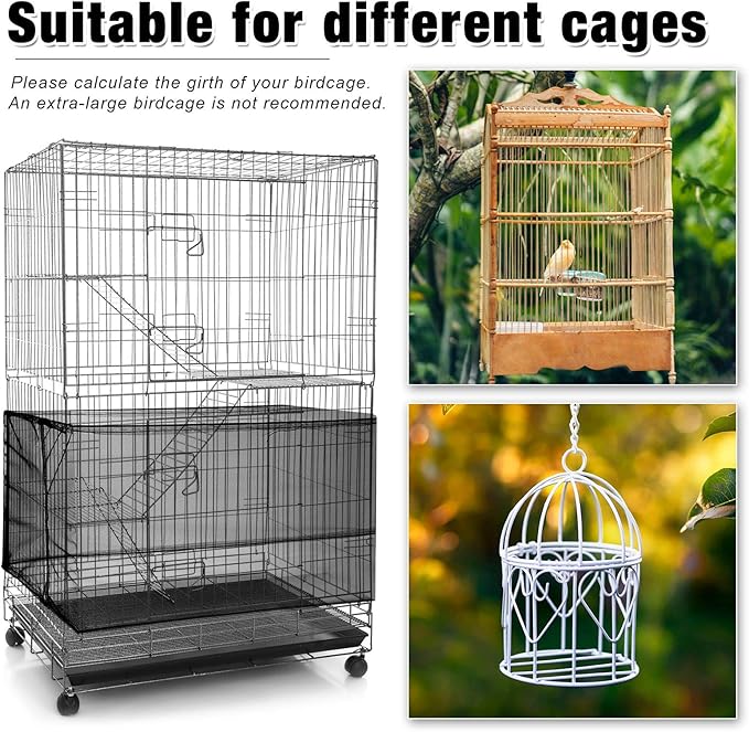3 Pieces Large Adjustable Bird Cage Cover Seed Feather Catcher Birdcage Nylon Mesh Net Cover Soft Skirt Guard for Parakeet Macaw African Round Square Cage (118 x 15 Inch in Circumference and Width)