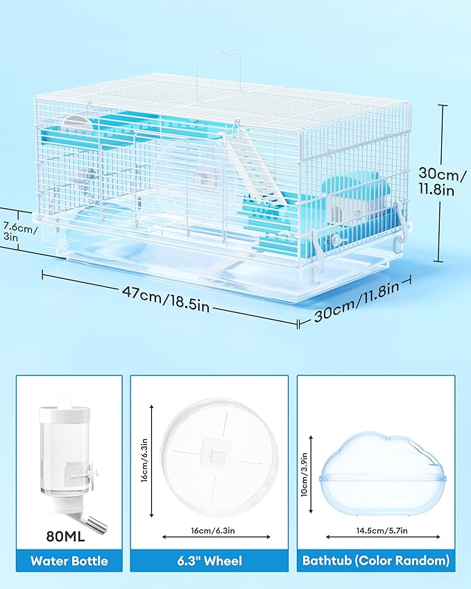 BUCATSTATE 3 Levels Small Hamster Cage with Accessories, 8-in-1 Small Animal House for Dwarf Hamsters, Mice, Gerbils (18.5"x11.8"x11.8")