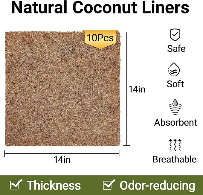 ZeeDix 10 Pcs Reptile Carpet, 14X14 inch Natural Coconut Fiber Liner Mat Flooring Accessories for Reptile Tank - Bearded Dragon Tortoise Lizard Turtle Snake Leopard Gecko Substrate Bedding