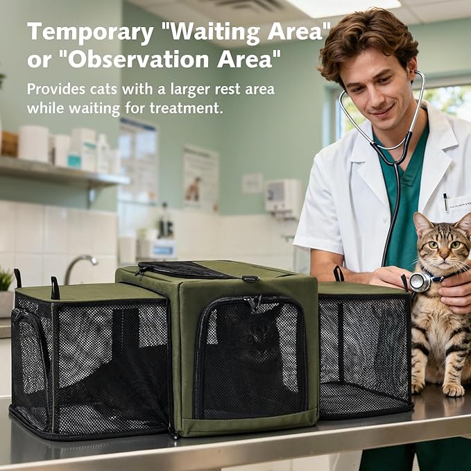 Pecute Cat Carrier Expandable, Stable Pet Carrier with 5mm Thick Steel Wire Frame, Dual-Side 200% Larger Space, Car Travel Carrier with Locking Zippers & Belt, Foldable for Storage,Green