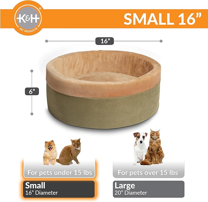 K&H Pet Products Heated Cat Bed for Indoor Cats, Dogs, and Pets - Round Walled Thermo-Kitty Bed with Removable Waterproof Cat Heating Pad, Machine Washable, MET Safety Listed - Small 16" Sage