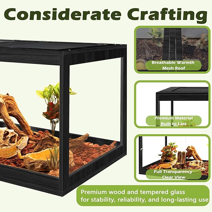 Prolee Tempered Glass Beard Dragon Tank 81 Gallon,Reptile Encloure and Snake Tank with Metal Mesh Roof Door,Locking Design Reptile Tank for Lizard,Gecko,Chameleon (48"X20"X20",Black)