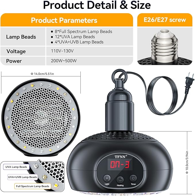 Chicken Coop Heater Lamps,200W-350W-500W Reptile Heating Lamp Upgraded with UVA UVB Ligh 3-6-9-12H Timer,Protable Greenhouse Heater for Outdoor Chicken Coop for Reptile Rabbits Dog Cats (Black)
