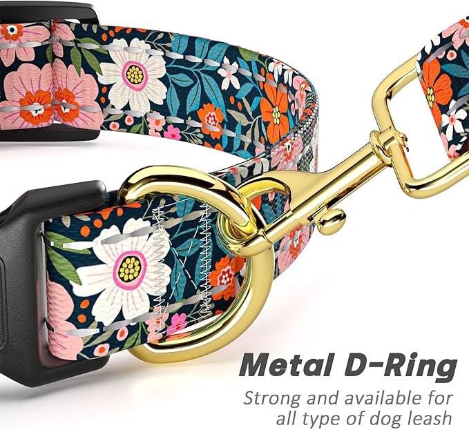 Reflective Dog Collar for Large Dogs, Cute Flower Theme Adjustable Heavy-Duty Nylon Puppy Collar for Boy and Girl Female, Soft Pet Accessories with Quick Release Buckle, Elegant Floral