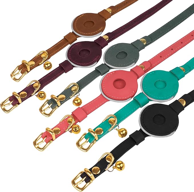 OOPSDOGGY Reflective Leather AirTag Cat Collar with Bell - Non Breakaway Adjustable Pet Collar with Apple Air Tag Holder - Lightweight GPS Kitten Collars for Small Dogs Puppy (Red)