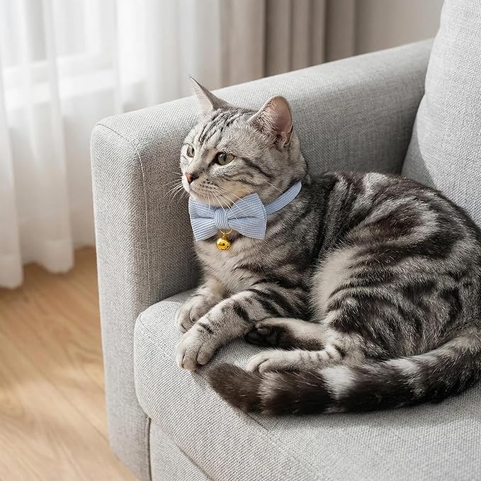 THAIN Cat Collar with Bow Tie and Bell, Breakaway Adjustable Cute Soft Corduroy Kitten Collars Safety Buckle for boy Cats(Solid Light Blue)