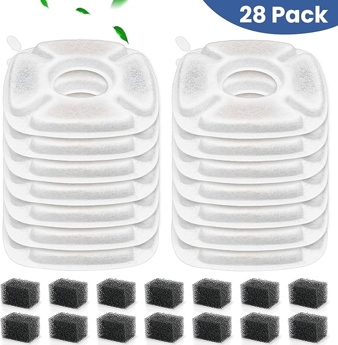 28 Pack Pet Water Fountain Filters, 14 Pcs Replacement Cat Filters & 14 Pcs Pre-Filter Sponges for 95oz/2.8L 135oz/4L 67oz/2L Automatic Pet Cats Dog Water Fountain Dispenser