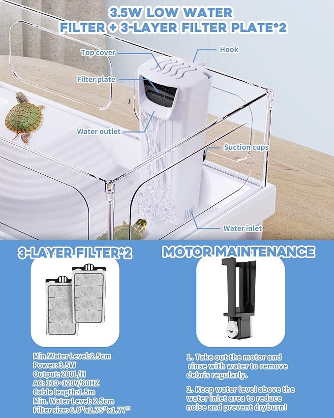 Small Turtle Tank with Filter, Turtle Aquarium, Acrylic Turtle Terrarium with Basking Platform, Bottom Drainage, Multi-Function Areas for Turtles, Crayfish, Small Reptiles (Tank+Filter)