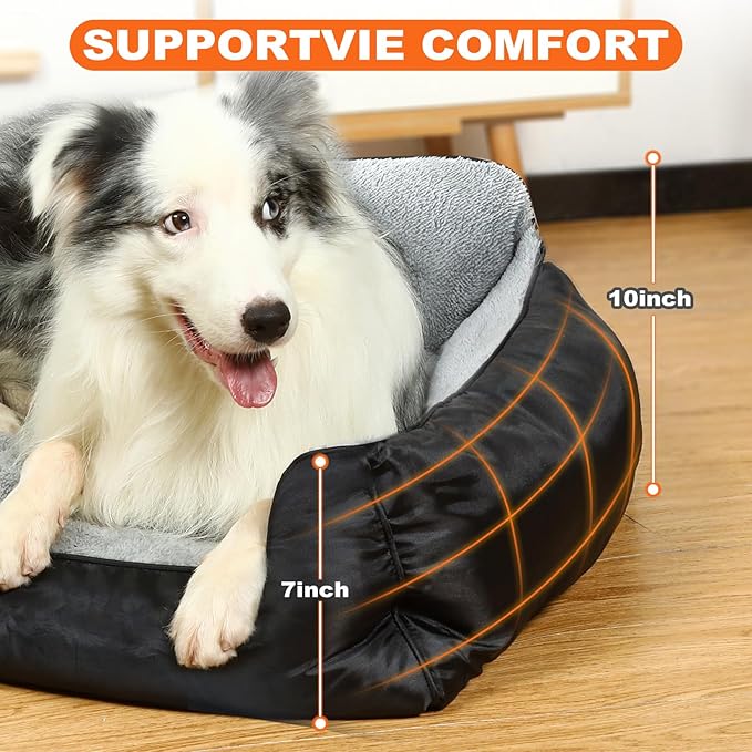 Dog Bed for Large Dogs, Rectangle Washable Orthopedic Dog Bed, Soft Calming Sleeping Bed Durable Pet Cuddler with Anti-Slip Bottom, 31”x26”x7”, Black
