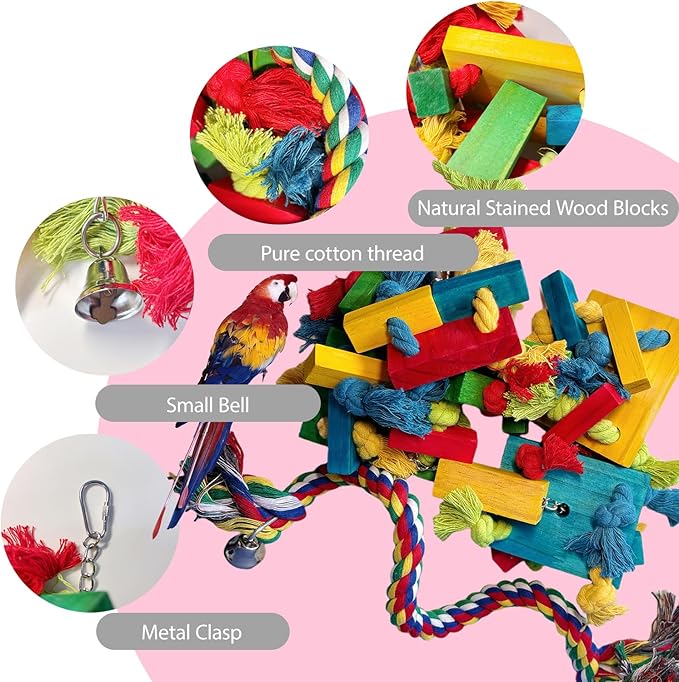 Bird Toys for Parrots – Parrot and Parakeet Chew Toys with Wooden Blocks, Climbing Stand, Hanging Bird Cage Accessories for Large Birds, Macaws, Cockatoos, Parrot Cage Use