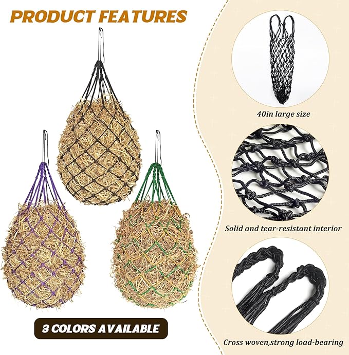 2PCS Hay Nets for Horses,2.36"x2.36" Holes 40”Horse Hay Feeder Net for Slower Feeding,Strong Load-Bearing Hay Bag Hanging for Horse Stable Trailer (Black)