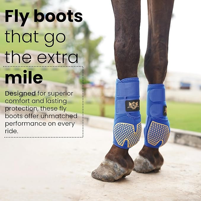 RS Premium Design Horse Boots | Comfortable, Protective & Shock-Absorbing | Best for Jump Training & Trails | OK Fabric for Ultimate Flexibility (Goldline Blue, Medium)