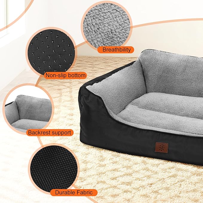 Dog Bed for Large Dogs, Rectangle Washable Orthopedic Dog Bed, Soft Calming Sleeping Bed Durable Pet Cuddler with Anti-Slip Bottom, 31”x26”x7”, Black