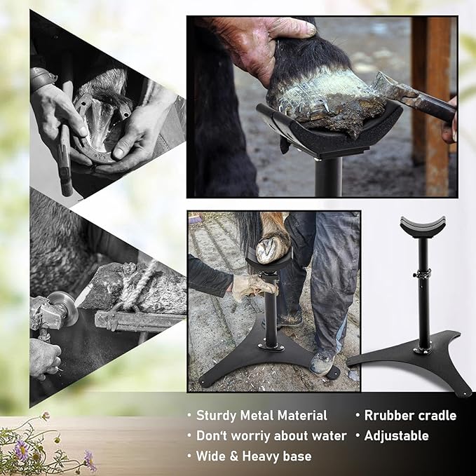 Zonon Metal Adjustable Farrier Stand Blacksmith Farrier Horse Hoof Stand Height Farrier Stand for Horses Black Horse Hoof Trimming Tools (Metal Triangular Base)
