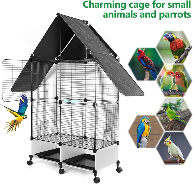 House Shape Bird Cage with Rolling Stand - Large 2 Tier Iron Bird Cage with Lock, Spacious Flight Habitat for Parakeets & Cockatiels, Easy Mobility Safe Home for Small Birds