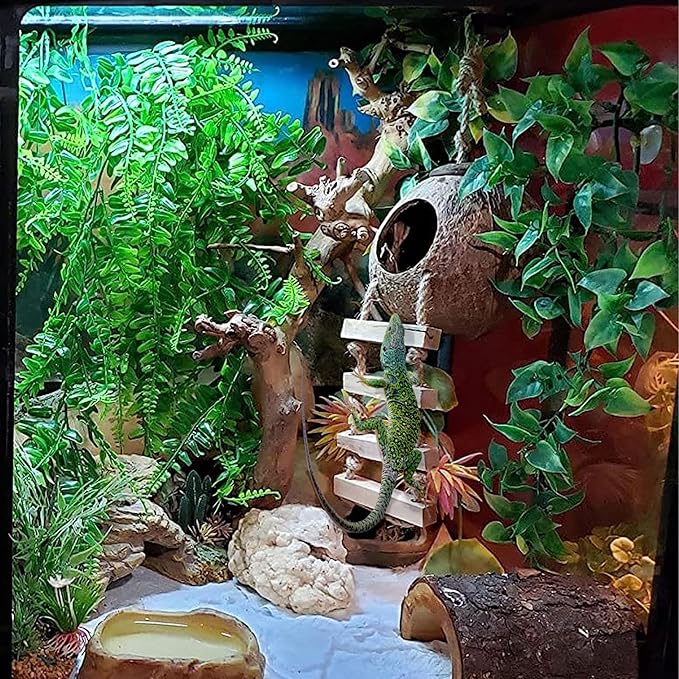 6PCS Crested Gecko Coconut Hut, Lizard Coco Den with Ladder and Reptile Hammock Bearded Dragon Tank Accessories Climbing Hanging Plants Jungle Vine Flexible Reptile Leaves Decor