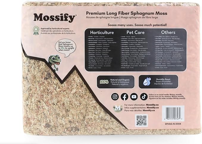 Mossify Premium Sphagnum Moss for Plants 1kg, 2.2 lbs - Long Fiber Moss for Plants Indoor, Orchids, Terrariums, Gardening, Reptiles – Moisture Plant Moss for Propagation, Soil & Habitat Bedding