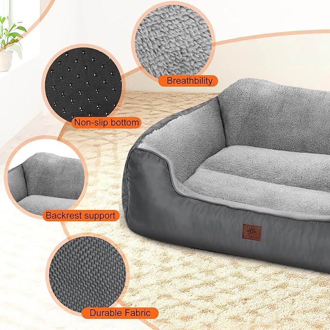 Dog Bed, Rectangle Washable Extra Large Dog Bed for Extra Large Dogs, High Back Dogs Sofa with Non-Slip Bottom, 43”x35”x9”, Grey