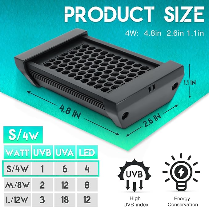 Dimmable LED Reptile UVB Lamp, 8000 Hours UVB Duration for Much Longer Lifespan, Adjustable 4/8/12-Hour Cycles, Suitable for Tortoise and Gecko, 4W, S Size