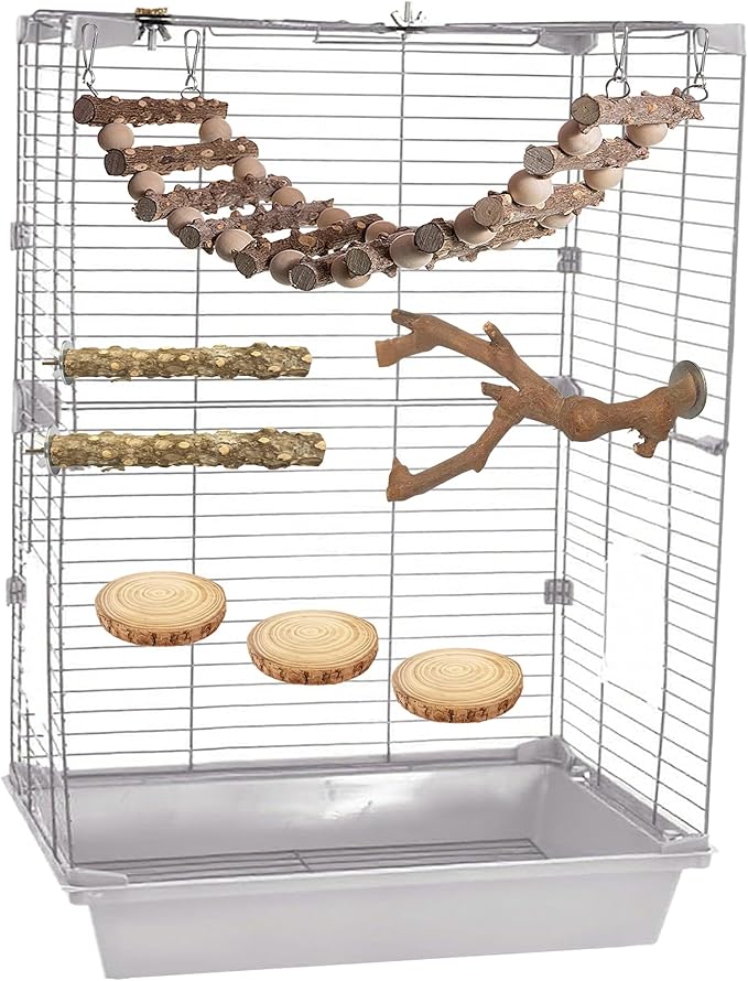 Brid Perch Stand 7PCS Natural Perches for Parakeets Include Ladder for Birds cage,Bird Cage Accessories for Parakeets, Cockatiels, Conures, Lovebirds (Nature Wood, Free Size 7pcs)