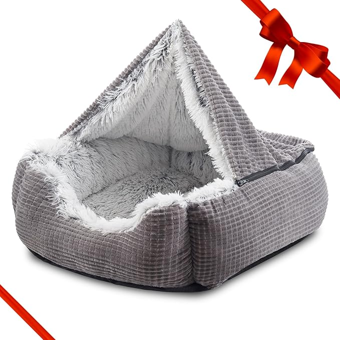 MIXJOY Dog Beds for Medium Large Small Dogs, Rectangle Cave Hooded Blanket Puppy Bed, Luxury Orthopedic Cat Beds for Indoor Cats, Warmth and Machine Washable (25 inches, Grey)