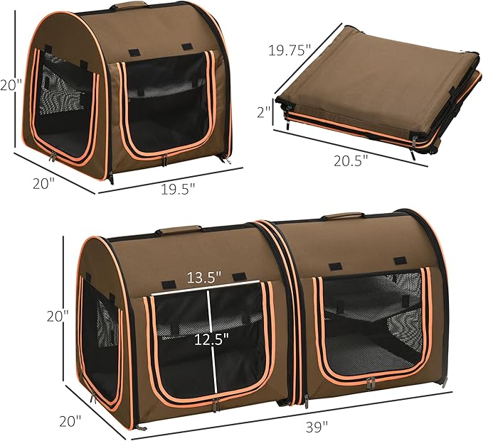 PawHut 39" Portable Soft-Sided Cat Carrier, Cat Kennel, Travel Dog Crate with Divider, Two Compartments, Soft Cushions & Storage Bag, Easy to Fold, Brown