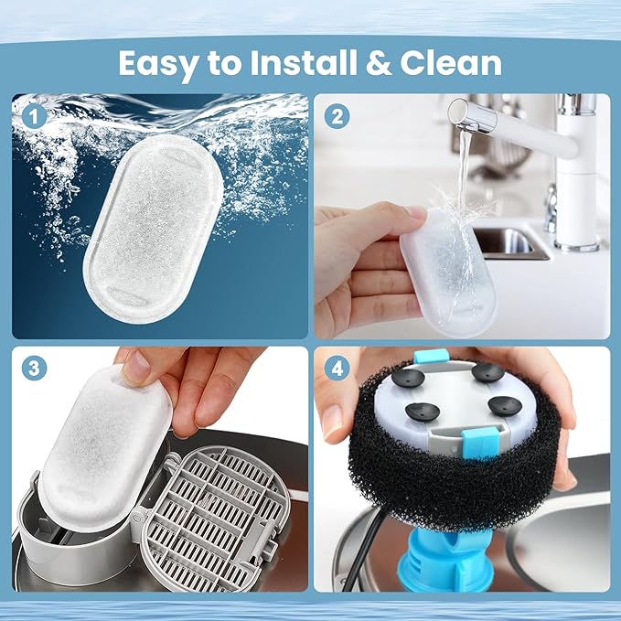 Cat Water Fountain Filters Replacement, 16 Pcs Pet Water Fountain Filter with 16 Pcs Foam Sponges for 67oz/2L & 108oz/3.2L Stainless Steel Pet Cat Water Fountain Dispenser Filters
