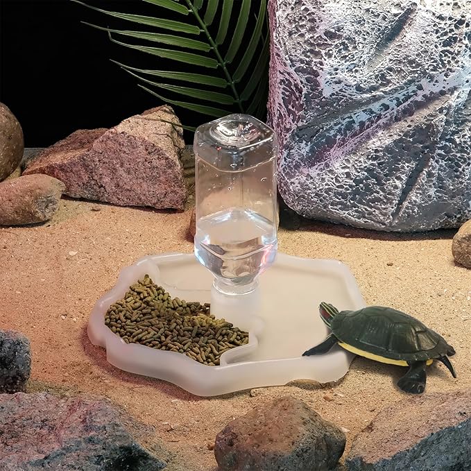 IBWell 2-in-1 Reptile Water Bowl Food Dish with Bottle Automatic Reptile Feeder for Turtle, Bearded Dragon, Lizard Gecko Water Bowl Food Dish