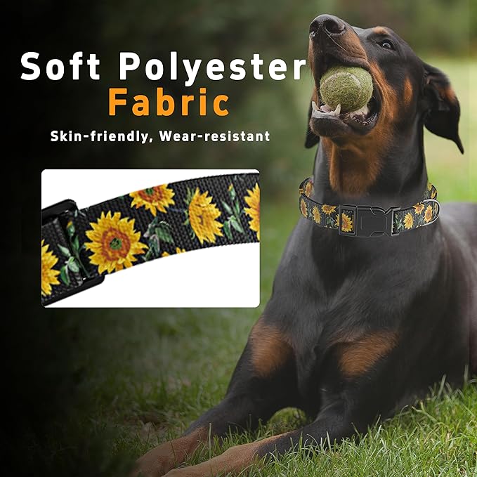 Dog Collar for Boys Girls, Sunflower Puppy Collar for Small Medium Large Dogs, Adjustable Soft Floral Pet Collar with Safety Buckle for Male Females(Black Sunflower,XS)