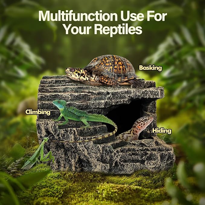 Reptile Hide, Great for Geckos, Snakes, Bearded Dragons & Lizards. with Steps for Rock Climbing, It Doubles as Aquarium Rock Cave Corner Cave for Climbing Hiding. (Stone, A-XLarge)