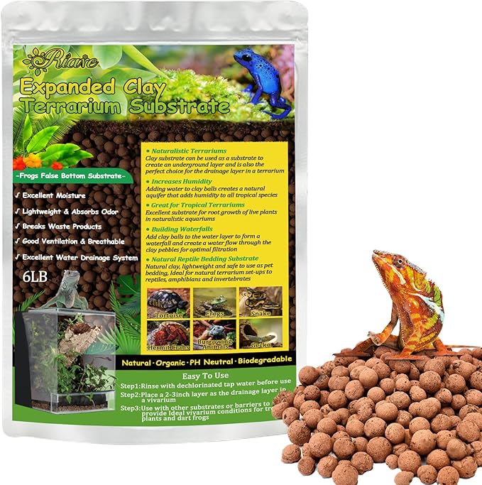 Riare 6LBS Expanded Clay Balls Terrarium Substrate for Reptiles - 100% Organic Lightweight Clay Pebbles Substrate Frogs False Bottom Substrate, Bioactive Terrarium Substrate for Drainage and Moisture