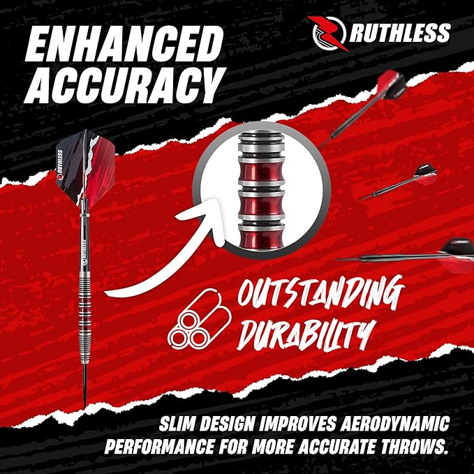 RUTHLESS Red Falcon Professional Tungsten Steeltip Darts Set in 22g and 24g, with Flights and Stems Shafts