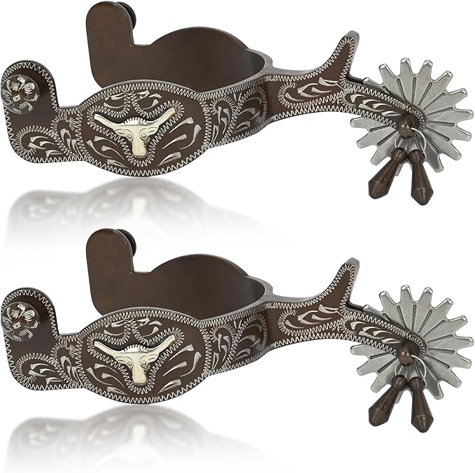 Western Antique Spurs for Horse Riding - Hand-Engraved Low Carbon Steel Spurs with Brass Accents, 75-78mm Adjustable Gear Design, Secure Copper Buckle