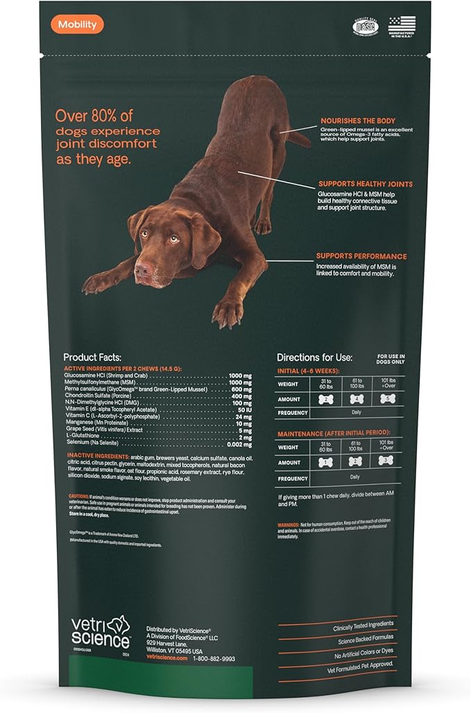 VetriScience Ultimate Strength Hip & Joint Supplement for Dogs, GlycoFlex Plus – MSM, Chondroitin & Green-Lipped Mussel Chews for Mobility, Flexibility, Comfort & Support, Bacon Flavor, 60 Cnt