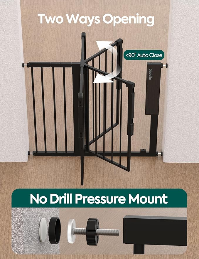 Babelio Smart Baby Gate with Auto-Unlock/Close, Pressure Mounted No Drill for Doorways/Top of Stairs. Pet/Dog Door Wide Walk Thru w/Infrared Sensor & Instant Safety Alert (Black, 26.3-37.8" W, 30" H)