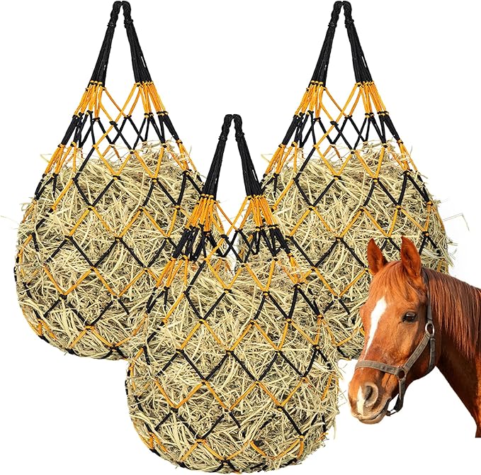 3 Pcs Hay Bags for Horses, Hay Nets for Horses Goat Sheep,Goat Hay Feeder for Slower Feeding,Strong Load-Bearing Hay Bag Hanging for Horse Stable Trailer (Black and Yellow)
