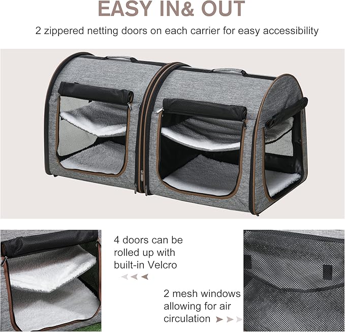 PawHut 39" Portable Soft-Sided Cat Carrier, Cat Kennel, Travel Dog Crate with Divider, Two Compartments, Soft Cushions & Storage Bag, Easy to Fold, Light Gray
