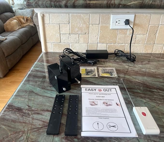 Easy Out Automated Pet Crate Opener for Single or Double Latch Crates, Activated by Remote Control or Wi-Fi Smart Plug, Model EOD2