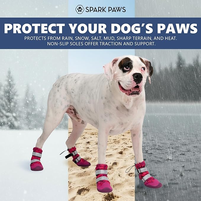 Spark Paws Dog Shoes, Waterproof Dog Boots for Medium to Large Dogs, Non Slip, Breathable Dog Booties and Paw Protectors - 4PCS Doggie Hiking Boots with Reflective Straps, Pink Camo, Size 7