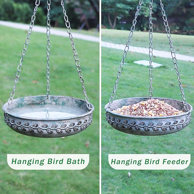 Hanging Bird Bath Hanging Bird Feeder - Metal BirdBath Bowl Birdfeeder Tray for Garden Backyard Patio and Deck-Retro Green