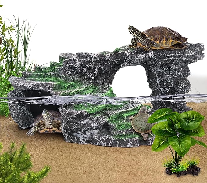 Turtle Basking Platform Kit, Reptile Habitat Hideout, Decorative Resin for Aquarium & Terrarium, Including Artificial Plant and Cleaning Brush. (B-Medium-Black)