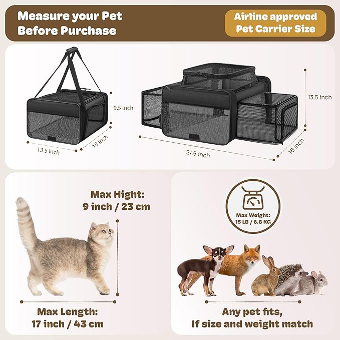 Top and 2 Sides Expandable Cat Carrier 18x13.5x9.5, TSA Airline Approved Dog Carriers for Small Dogs, Soft-Sided Pet Carrier with Self-Locking Zippers for Kitten,Rabbit, Puppy, Guinea Pig Black