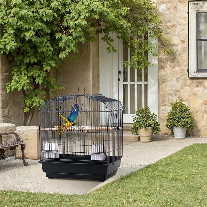 TrailBlaze 20.5Inch Bird Travel Cage with Handle, Metal Bird Carrier with Food Container, Wooden Perch & Pull-Out Tray, Portable Birdcage for Small Parrots Lovebirds Canaries Cockatiels Conures