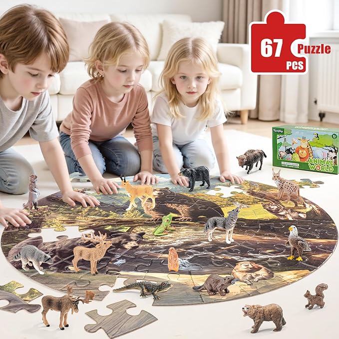 North American Animals Figurines Toys, 16PCS Realistic Safari Animals Figures & 67PCS 20" Large Woodland Jigsaw Puzzles Toys for Preschool Kids Toddlers, Ideal Gift for Toddler